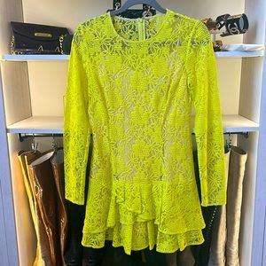 BCBG lemon grass long sleeve dress with attached nude slip. Back zipper . Size 4